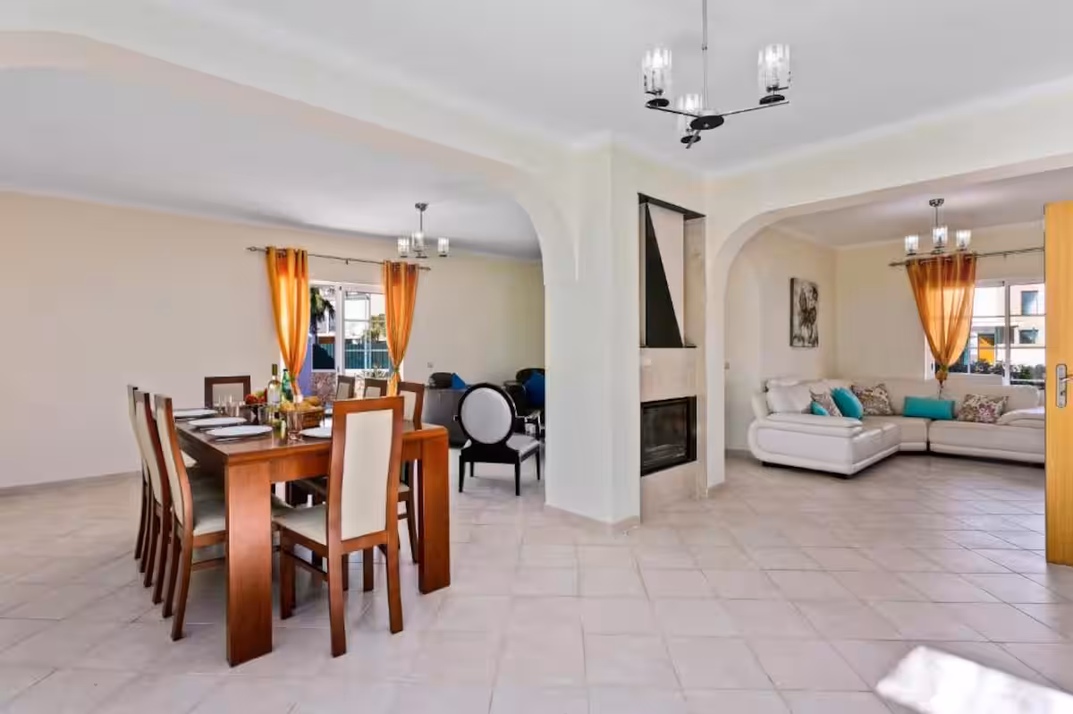 Living and dining room with fireplace